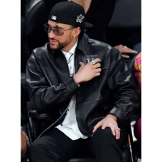 Bad Bunny Lakers Game Black Leather Jacket