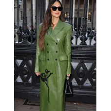 LFW Olivia Munn Green Leather Coat