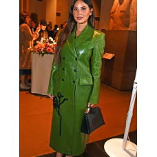 LFW Olivia Munn Green Leather Coat