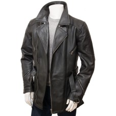 Mens Black Leather 3 4 Length Jacket - Asymmetrical Belted Winter Coat