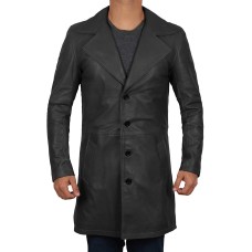 Mens 3/4 Length Black Wide Collar Leather Coat