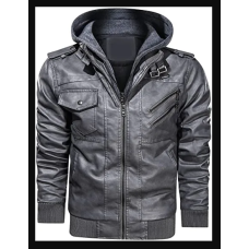 Mens Motorcycle Bomber Removable Hood Grey Leather Jacket