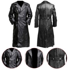 German Classic Officer Black Leather Long Coat