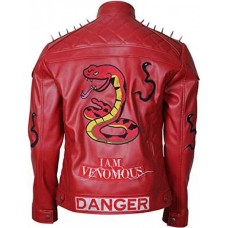 I Am Venomous Last Bite Snake Logo Danger Red Studded Biker Leather Jacket 
