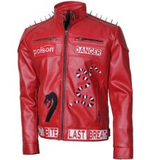 I Am Venomous Last Bite Snake Logo Danger Red Studded Biker Leather Jacket 