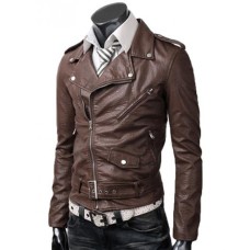 Men Slim Fit Belted Rider Brown Leather Jacket