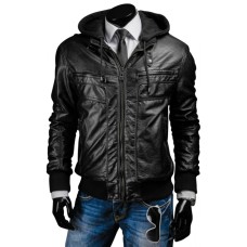 Men's Slim Fit Black Leather Jacket with Hood