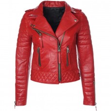 Women Red Quilted Leather Jacket